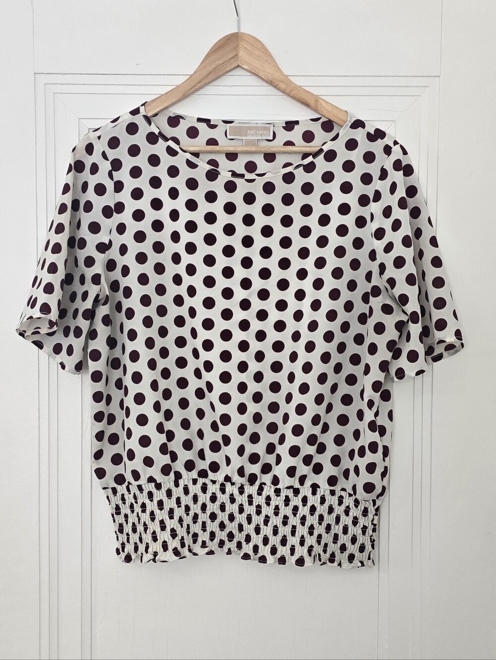 Michael Kors Polka Dot Short Sleeve Blouse - Cream with Brown Dots, Size L, EUC